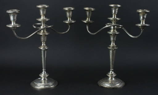 Pair of Weighted Sterling Three-Light Candelabra: Pair of weighted sterling three-light candelabra, 15 1/2" H. Approximately 110.8 troy oz TW. Provenance: Methuen, Massachusetts estate. PLEASE NOTE: payment for silver, gold, jewelry, and coins must b
