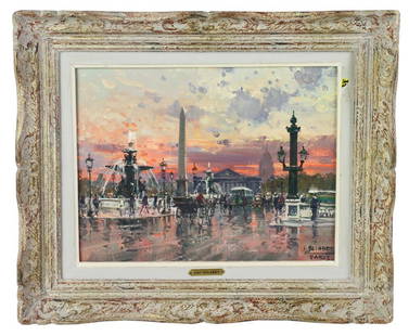 Jean Salabet (Juan Bayon Salado), Paris at Sunset: Jean Salabet (Juan Bayon Salado, Spanish, 1913-1995), Paris at sunset, oil on canvas, 11" x 14", framed 16" x 19". Provenance: Palm Beach, Florida estate.