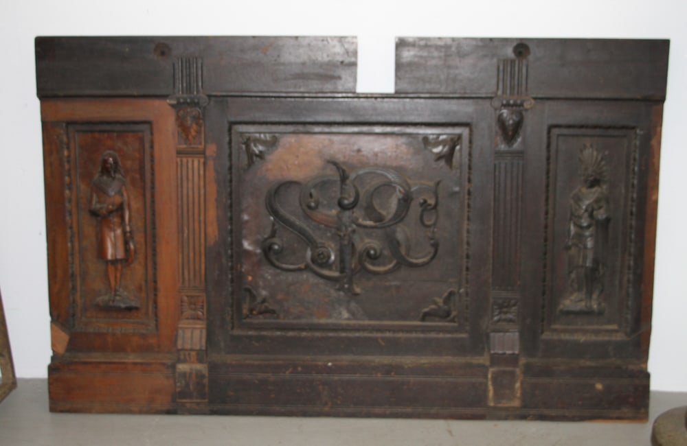 Victorian Mahogany Over Fireplace Carved Panel: Victorian mahogany over fireplace carved panel having Pilgrim and Native American carvings, 43" x 68". Provenance: Methuen, Massachusetts estate.