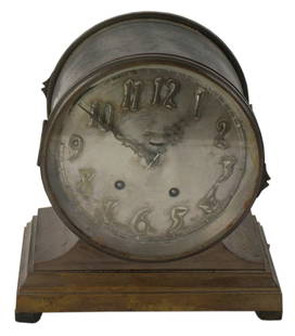 Seth Thomas Brass Mantel Clock: Seth Thomas brass mantel clock, with key, 9" x 9" x 5". Missing one foot. Provenance: Methuen, Massachusetts estate.