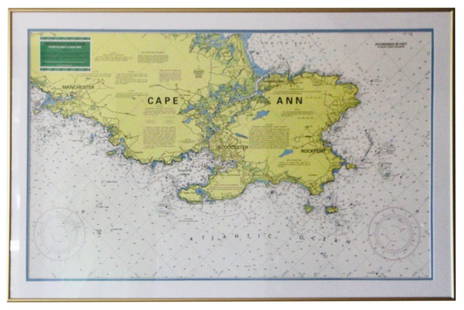 Large Waterproof Chart / Map of Cape Ann: Large waterproof chart / map of Cape Ann, Massachusetts, 21" x 36", framed 26" x 40". Glass cracked upper right. Provenance: Gloucester, Massachusetts estate.