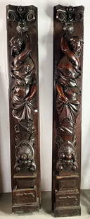 Exceptional Victorian Carved Mahogany Figural Pillars: Exceptional Victorian carved mahogany figural pillars, 88" H x 12" W x 9" D. Provenance: Methuen, Massachusetts estate.