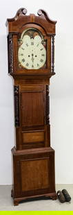 19thC English/Scottish Tall Clock: 19th century English/Scottish tall clock, having weights and pendulum, 90" H x 22". Provenance: Palm Beach, Florida estate.