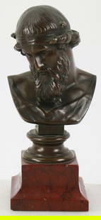 19thC Grand Tour Bronze Bust of Dionysus or Plato: 19th century Grand Tour bronze bust of Dionysus or Plato, on marble base, 7" x 3". Provenance: Methuen, Massachusetts estate.