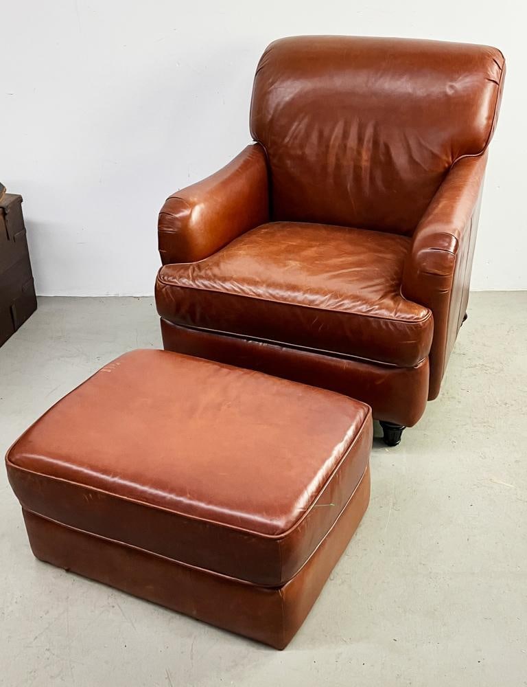 Custom Brown Leather Club Chair and Ottoman (1 of 8)