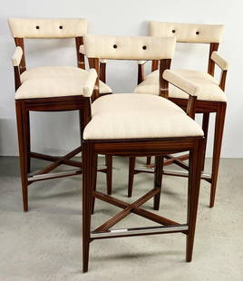 Custom Tiger Wood Upholstered Stools: Custom tiger wood upholstered stools, lot of (3), 44" x 23". Provenance: Palm Beach, Florida estate.