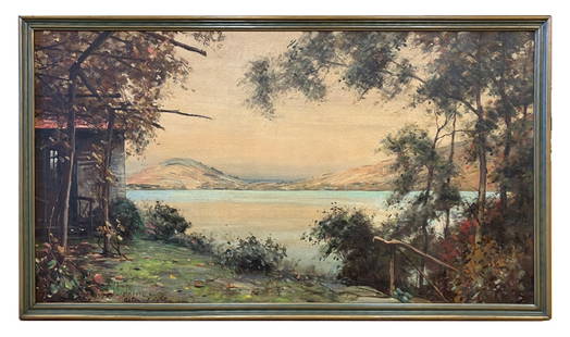 Louis Aston Knight, Upstate New York Lake View: Louis Aston Knight (French-American, 1873-1948), lake view, Upstate New York, oil on board, signed L/L and dated 1932, framed 39 1/2" x 70". Provenance: South Hamilton, Massachusetts collection.