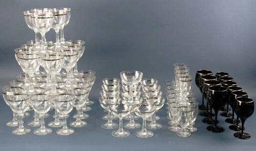 Fostoria Crystal and Lenox Black Stemware: Fostoria crystal stemware having silver band, (66) pieces total, and Lenox black stemware, (10) pieces total. Provenance: Marblehead, Massachusetts collection.