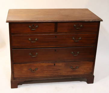 Early 19thC English Chippendale 5-Drawer Chest: Early 19th century English Chippendale mahogany 5-drawer chest, 35" H x 44" W x 23" D. Provenance: Palm Beach, Florida estate.