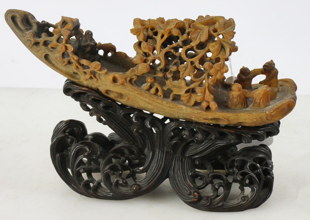 19thC Chinese Carved Water Buffalo on Intricate Stand (1 of 9)