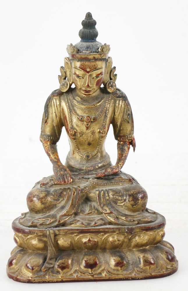 19thC Amitayus Tibetan Carved Buddha: 19th century Amitayus Tibetan carved giltwood sitting Buddha, 7" x 5" x 3". Provenance: Methuen, Massachusetts estate.