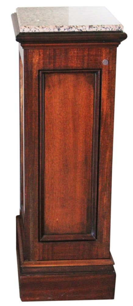 Fine Custom Mahogany Marble-Top Pedestal: Fine custom mahogany pedestal with marble top, 41" H x 15" W x 15" D. Provenance: Gloucester, Massachusetts estate.