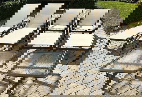 Brown Jordan 8-Piece Patio Set: Brown Jordan 8-piece patio set, including two chaises, two armchairs, two ottomans, and two glass-top tables. Chaises 37" x 27 1/2" x 76"; tables 15" x 25".