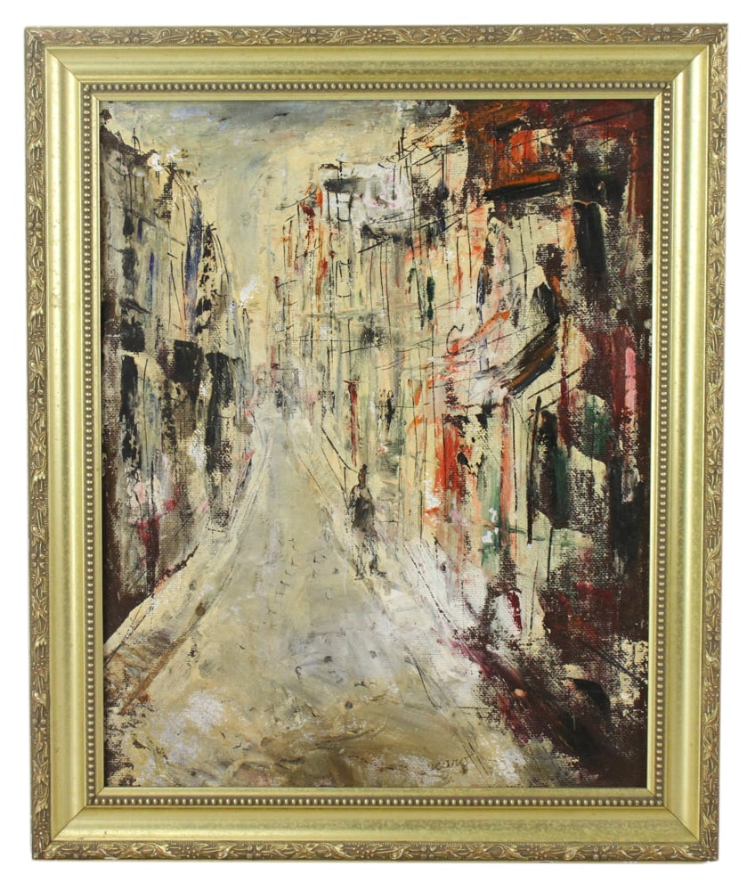 Pascal Cucaro, City Scene, Oil on Board: Pascal Cucaro (American, 1915-2004), city scene, oil on board, 18" x 15", framed 23" x 19". Provenance: Cambridge, Massachusetts collection.