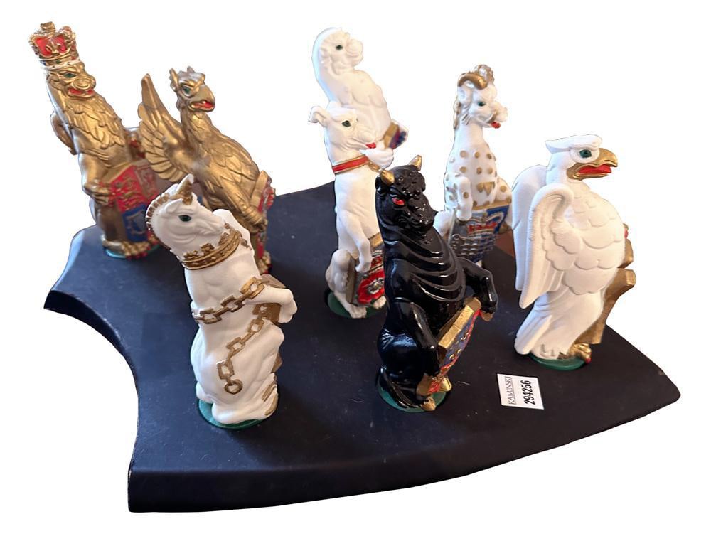The Queen's Beasts Figures, Made for Jenners: The Queen's Beasts heraldic figures, made for Jenners of Edinburgh, (8) total, 6 1/2". Provenance: Collinsville, Connecticut.