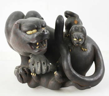 Japanese Meiji Period Hardwood Panther with Cubs: Japanese Meiji period hardwood panther with cubs, 11" x 13" x 9". Minor wood loss. Provenance: Methuen, Massachusetts estate.