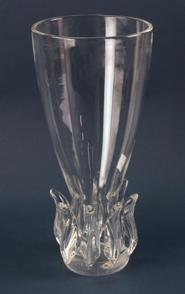 Steuben Colorless Glass Vase, Signed: Elegant Steuben colorless glass vase, shape no. 8134, signed on base with engraved signature, 14 3/4" H x 6 3/4" diameter across the top. Good condition. Provenance: Southern Connecticut collection.