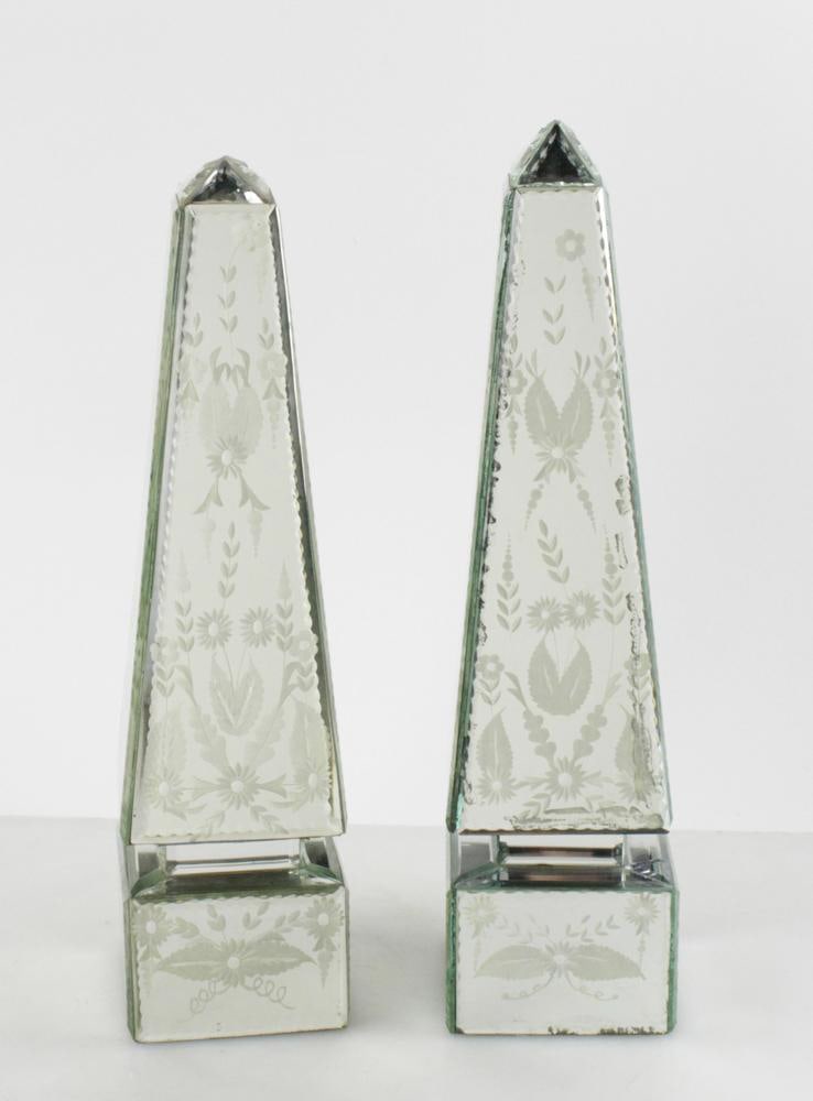 Pair of Antique Venetian Mirrored Obelisks: Attractive pair of antique Venetian mirrored obelisks with cut edges and engraved decoration, 17 1/2" H x 4 1/2" square. Some mirror loss. Provenance: Southern Connecticut collection.