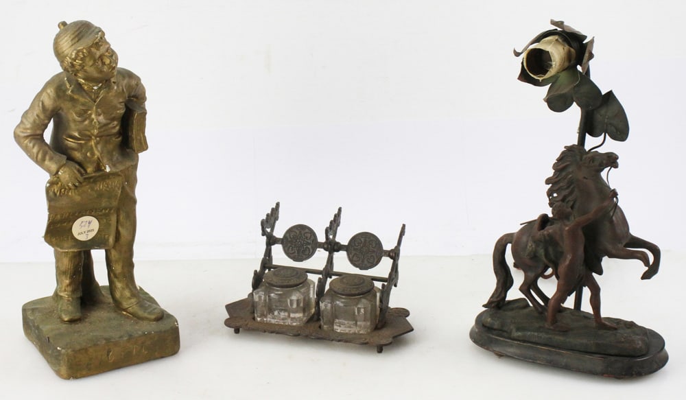 Warrior Lamp, Inkwell, Statue of Boy with Newspaper (1 of 20)