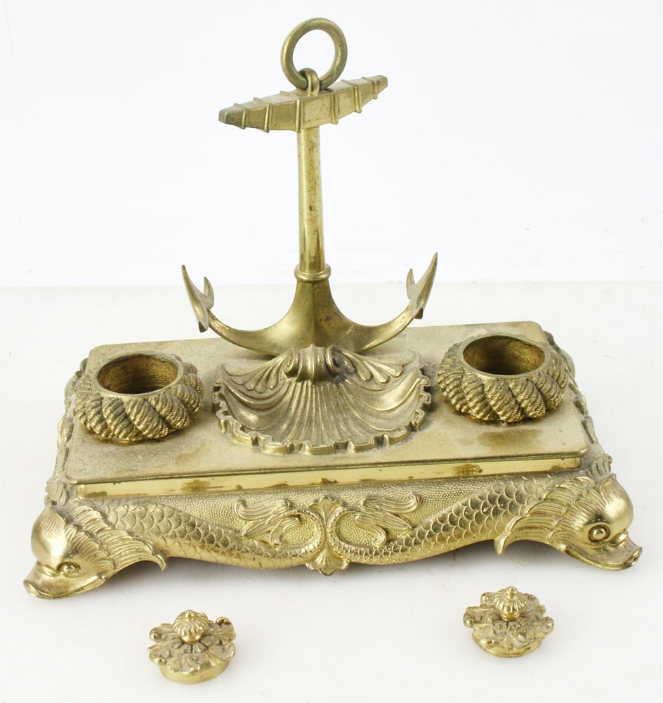 19thC Sea Captain's Brass Ink Stand with Covers (1 of 8)