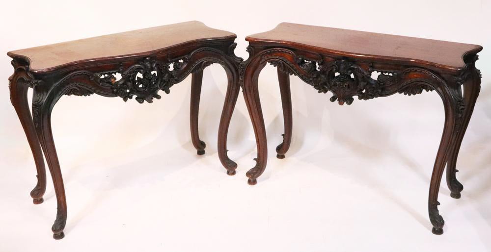 Pair of Carved Mahogany Console Tables: Pair of carved mahogany console tables, 31 1/2" H x 17" x 41". Provenance: Southern Connecticut collection.