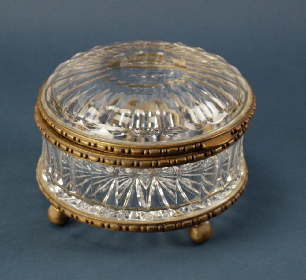 19th C Cut Glass Jewelry Casket with Bronze Fittings: 19th century cut glass jewelry casket with star-cut base, bronze fittings, 5 1/2" H x 7 1/2" diameter. Provenance: Southern Connecticut collection.