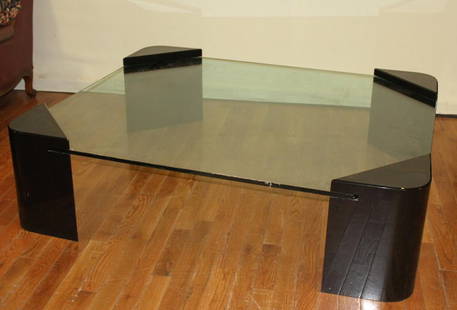 Attr to Jones, Mid-Century Modern Glass Top Coffee Table: Attributed to Charles Hollis Jones, mid-century modern glass-top coffee table, with black lucite legs, 19" H x 70" W x 61 1/2" D. Provenance: Palm Beach, Florida estate.