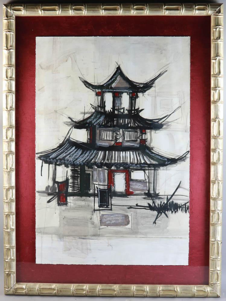 Checo Diego, Pagoda, Watercolor Ink: Checo Diego, 'Pagoda', watercolor/ink on paper, signed in pencil L/R, 36" x 24", frame 46" x 34". Provenance: From a Fort Lauderdale, Florida estate.