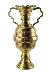 Brass Urn with Copper Medallions from Thailand: Brass urn with inlaid copper medallions from Thailand, 30" x 16". Provenance: Dracut, Massachusetts collection.