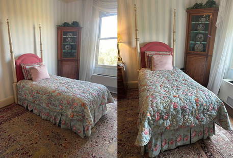 Pair of Neoclassical Painted Upholstered Twin Beds: Pair of Neoclassical twin beds, painted and upholstered, with comforter and four pillows. Provenance: From a Fifth Avenue New York home decorated by David Laurence Roth, former designer at the New Yor