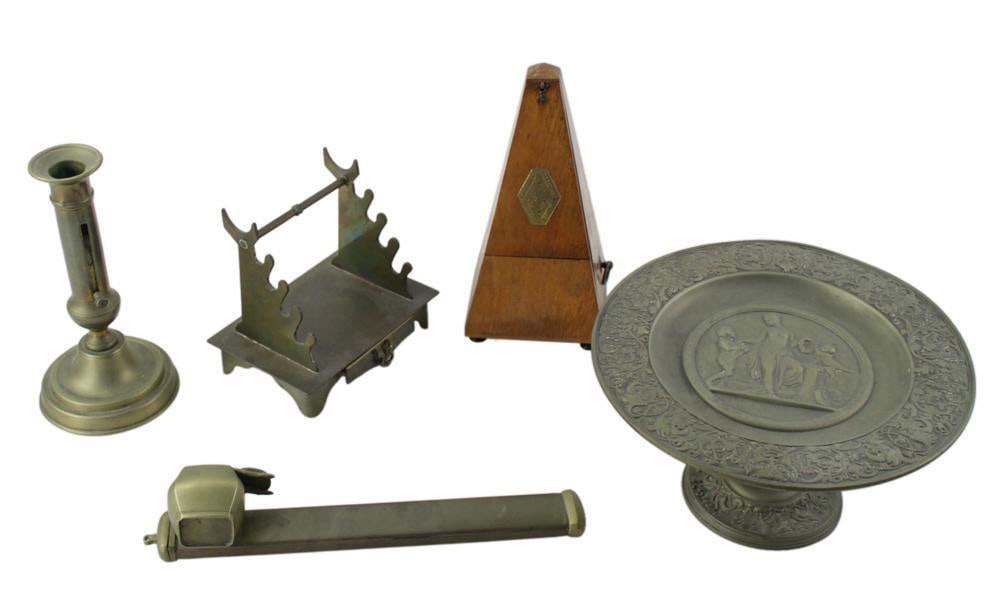 Antique Group of Brass Items and Metronome: Antique group of brass items, pipe, and metronome, (5) total. Provenance: Marblehead, Massachusetts collection.