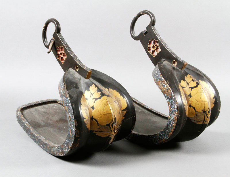 Japanese Antique Stirrups: Antique stirrups, Japan, gold chrysanthemum design over lacquer with mother of pearl border, 11" x 12".