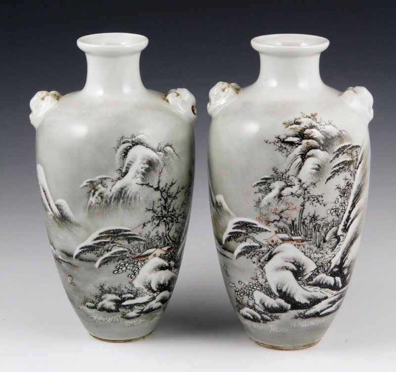 Chinese Republic Famille Rose Vases: Pair of famille rose vases, China, Republic Period, meiping form, decorated with a snowy mountain landscape and bats at the shoulders, a poem on the reverse of each vase, signed Yie Bihao, 9" x 4 1/2"