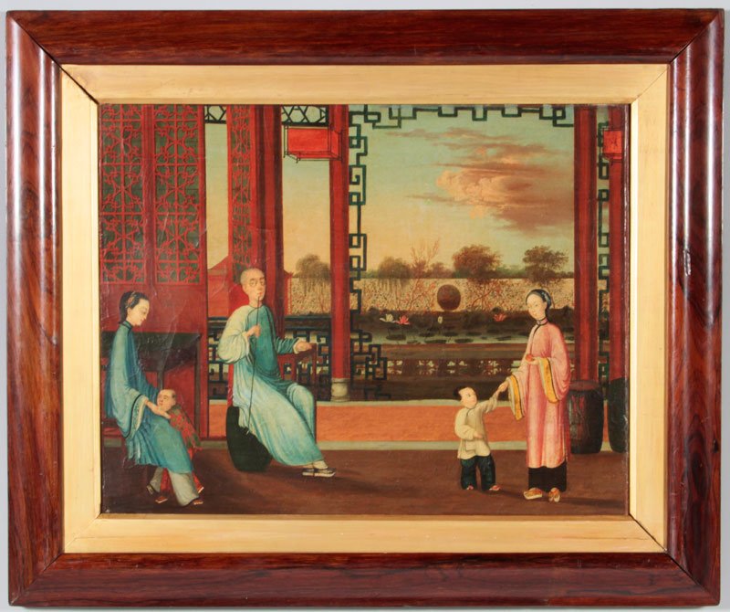 Chinese 19th C. Export Painting: Export Painting, China, circa 1850, of a Chinese home interior with figures, oil on canvas, in rosewood frame with gilt liner, 18" x 23". From the estate of Frank Mann, Esq. Brookline, NH.