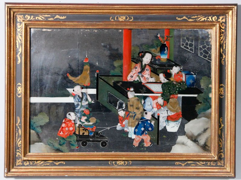 Chinese Pair of Reverse Painted Mirrors: Pair of reversed painted mirrors, China, 19th century, 17" x 25", frame 24" x 32". From the personal collection of Sandra and Stuart Roth of Palm Desert, CA.