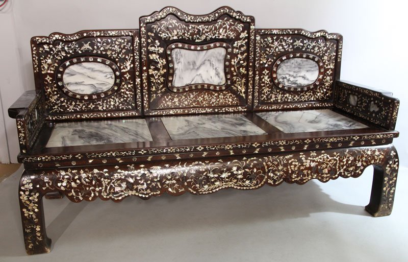 Chinese Wood and Marble Settee: Settee, China, 20th century, wood, elaborately decorated with mother-of-pearl and stone inlays depicting pine trees, butterflies, longevity character and auspicious blossoms, with three marble seats a