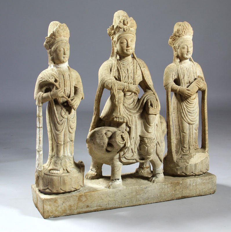 Chinese Figures of the Buddha: Three figures of the Buddha, China, 19th century, sandstone, 13" h x 27" w x 8" d. From the collection of Henry Francis Thompson. Henry Thompson, an importer of Asian art and antiques and co-founder o