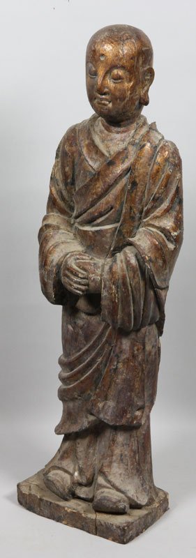 Chinese Wood Buddhist Statue: Wood statue, China, of a standing Buddha, 37"h x 10"w x 7 1/2"d.