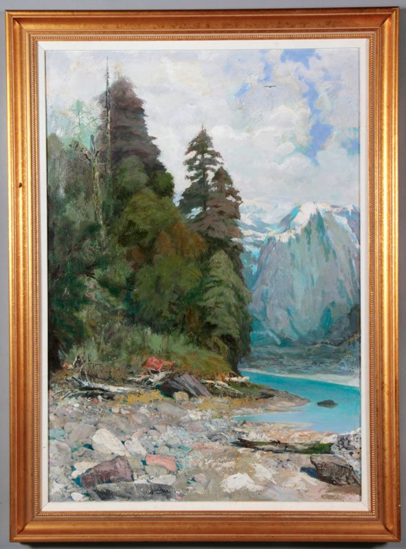 Chinese 20th C. O/C Painting, Wu Dihua: Painting, Wu Dihua, China, 20th century, of a forest scene with distant mountains, oil on canvas, 40 1/2" x 28 1/3".