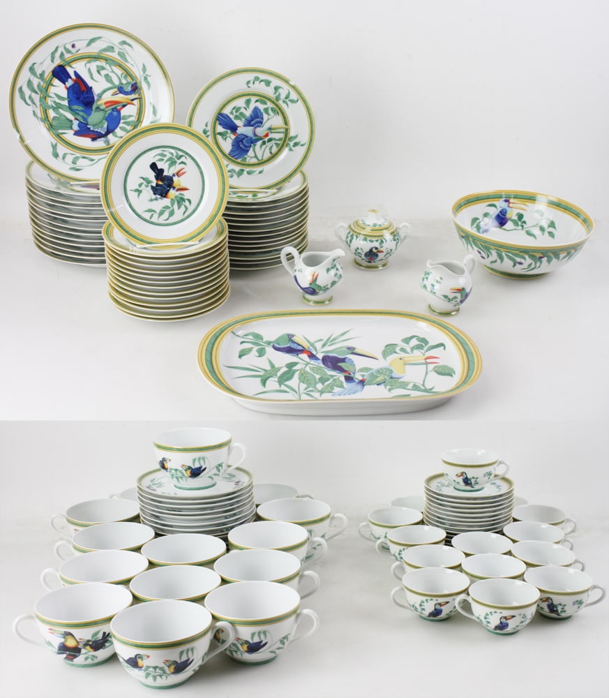 Hermes Paris Dinner Set, Toucans Pattern: Hermes Paris dinner set, "Toucans" pattern, (109) pieces, to include: (12) dinner plates, 11"; (16) dessert luncheon plates, 8 1/2"; (14) salad plates, 7 1/2"; (14) large cups; (14) small cups; (20) s