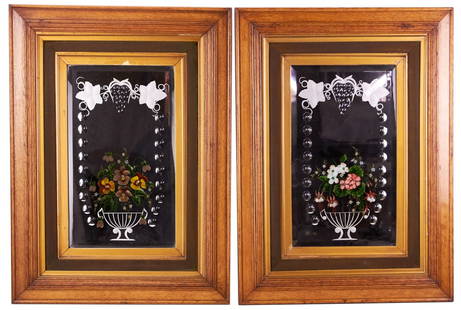 19thC Victorian Cut Mirrored Reverse Painted Panels: 19th century Victorian cut mirrored reverse painted panels, lot of (2), initialed JMJ, in oak period frames 32" x 24". Provenance: Personal collection of Gary Pettersen, Victorian Brothers, Staten Isa