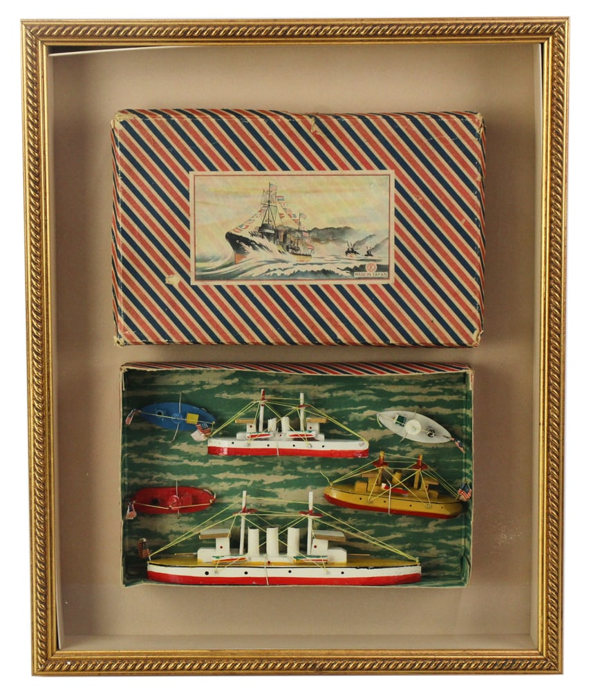 Japanese Wooden Boat Toys in Box, Framed: Japanese wooden boat toys in box, framed 19" x 16". Provenance: Balboa Island, California collection.