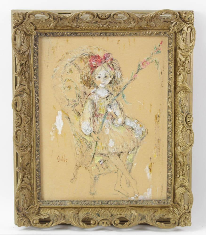 Dalda Signed, Colored Portrait of Seated Girl: Dalda signed, colored portrait on paper, young girl sitting in wicker chair, framed 17" x 14". Provenance: Palm Beach, Florida estate.