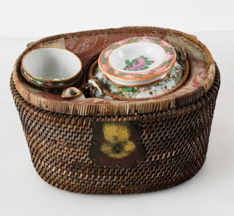 19th C. Chinese Export Canton Picnic Basket Tea Set: 19th century Chinese Export Canton Famille Rose Medallion picnic basket tea set, complete set in excellent condition with no chips, hairlines, or repairs. Pristine condition. Small pottery imperfectio