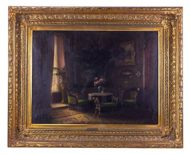 John Friedlinger, Interior Scene, Oil on Canvas: John Friedlinger (Hungarian/Austrian, b.1890), interior scene with furnishings, oil on canvas, signed L/R, 22" x 30", framed 33 1/8" x 41". Provenance: Danvers, Massachusetts collection.