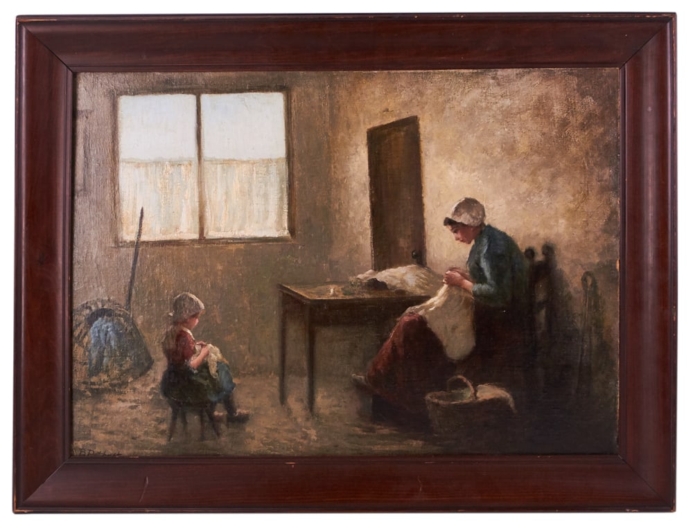 Bernard Pothast, Mother and Child by Window: Bernard Pothast (Dutch, 1882-1966), mother and child by the window, oil on canvas board, signed L/L, 20" x 27", framed 26" x 33". Provenance: Personal collection of Gary Pettersen, Victorian Brothers,