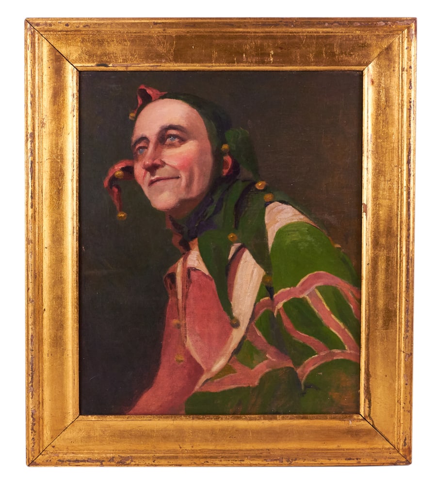 Portrait of a Jester, Oil on Canvas: Portrait of a jester, American School, oil on canvas, 20" x 16", framed 22" x 26". Provenance: Personal collection of Gary Pettersen, Victorian Brothers, Staten Isalnd, New York.