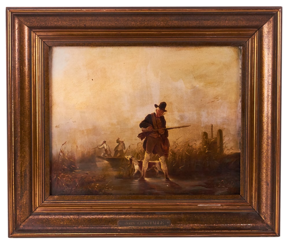 Labeled John Constable, Hunter with Dog, Oil on Canvas: Labeled John Constable, hunter with dog, oil on canvas, 24" x 16", framed 18" x 23". Provenance: Personal collection of Gary Pettersen, Victorian Brothers, Staten Isalnd, New York.