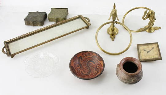 Assorted Decor Items, Boxes, Tiffany Clock, Pin Tray: Group of assorted decor&nbsp;items, including: two Ottoman Turkish brass cartridge powder boxes for belt; Tiffany table clock; pin tray; two pieces of Columbian pattern; bronze wizard Schipter with qu