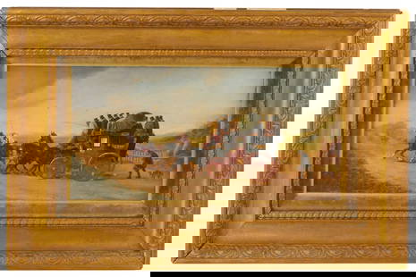 Two 19thC English Stage Coach Scenes: 19th century English stage coach scenes, oil on wood panels, 7" x 14", framed 13" x 21", lot of (2). Provenance: Personal collection of Gary Pettersen, Victorian Brothers, Staten Isalnd, New York.